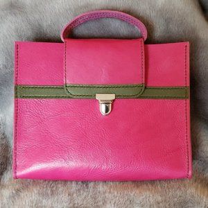 Pink and Olive Green Leather Top Handle Handbag